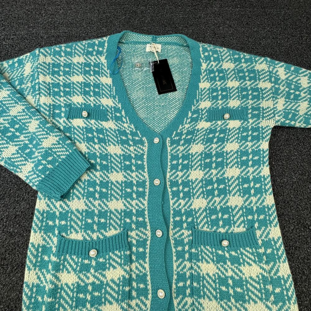 143 STORY Cardigan Womens M Green Plaid V-Neck Button Pocket Acrylic Collarless